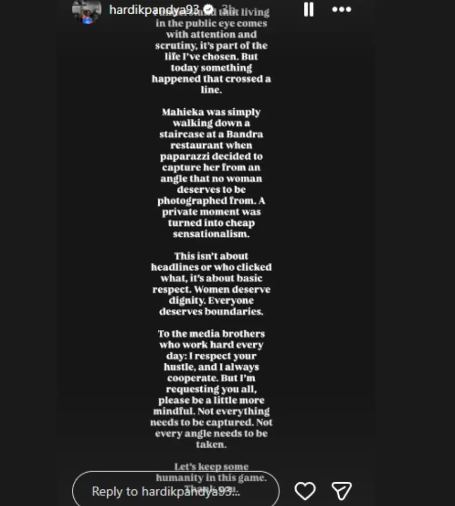 हार्दिक पांड्या भड़के: महिका शर्मा के साथ पैपराजी की घिनौनी हरकत, इंस्टा पर क्लास 2 Hardik Pandya's Instagram story